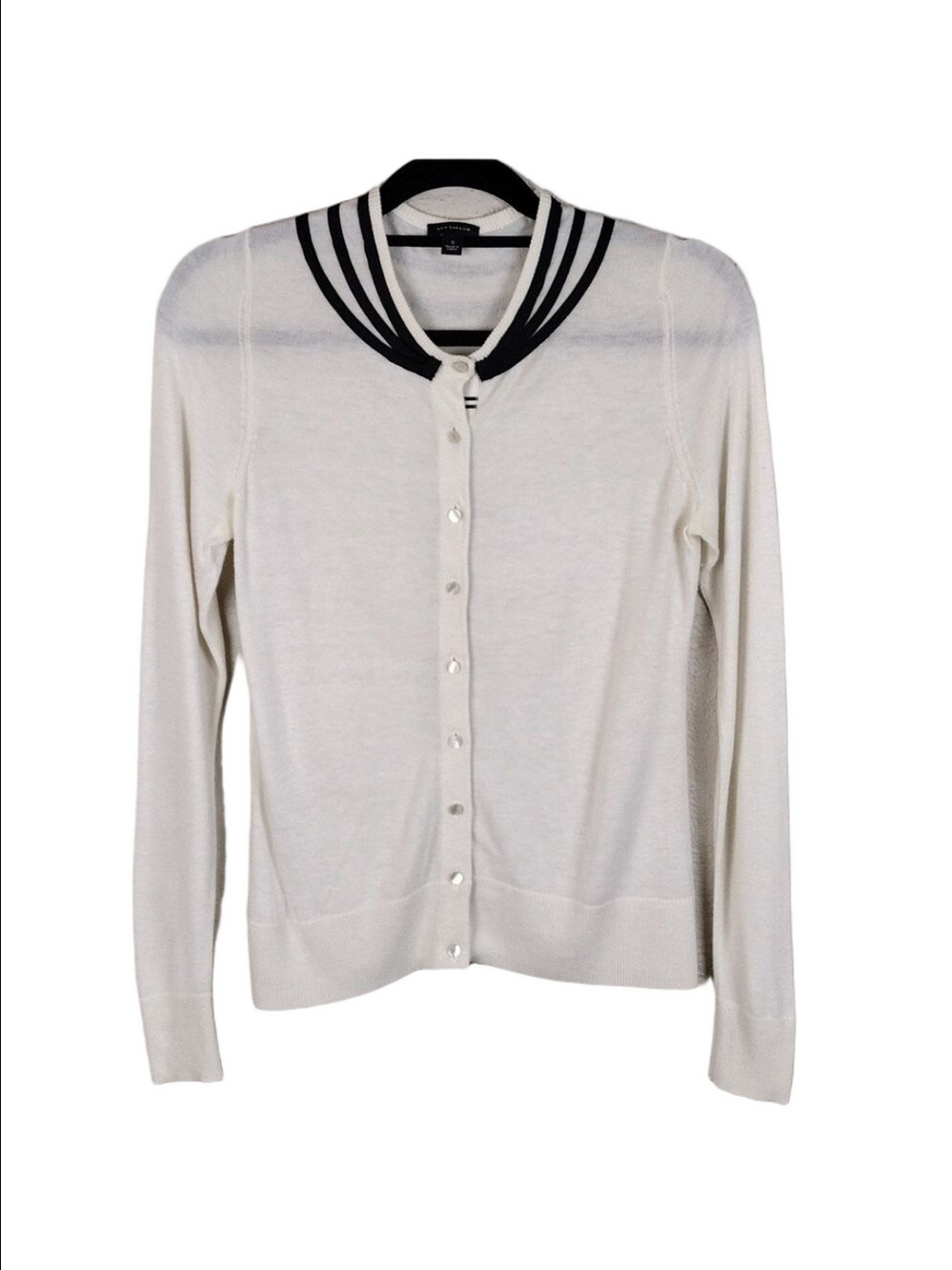 Ann Taylor White Black Trim Scoop Neck Long Sleeve Button Front Cardigan Sweater